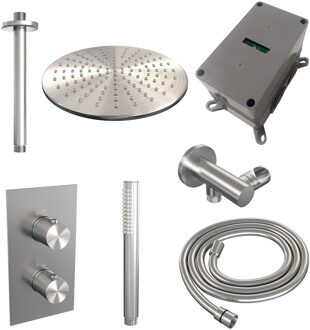 Brauer Regendoucheset Inbouw Brauer Brushed Carving Thermostatisch 30cm met 3-Weg Omstelling, Plafondarm en Staaf Handdouche Geborsteld RVS