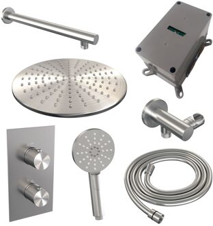 Brauer Regendoucheset Inbouw Brauer Brushed Carving Thermostatisch 30cm met 3-Weg Omstelling, Wandarm en 3-Standen Handdouche Geborsteld RVS