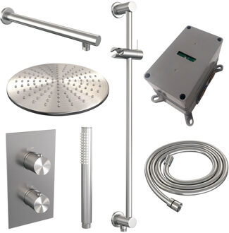 Brauer Regendoucheset Inbouw Brauer Brushed Carving Thermostatisch 30cm met 3-Weg Omstelling, Wandarm, Glijstang en Staaf Handdouche Geborsteld RVS