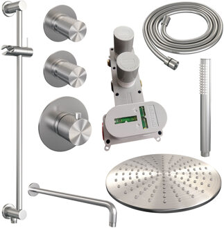 Brauer Regendoucheset Inbouw Brauer Brushed Carving Thermostatisch 30cm met Gebogen Wandarm, Glijstang en Handdouche Staaf Losse Stopkranen Geborsteld RVS