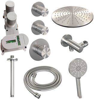 Brauer Regendoucheset Inbouw Brauer Brushed Carving Thermostatisch 30cm met Plafondarm en Handdouche 3-Standen Losse Stopkranen Geborsteld RVS