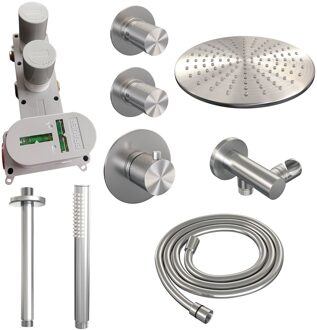 Brauer Regendoucheset Inbouw Brauer Brushed Carving Thermostatisch 30cm met Plafondarm en Handdouche Staaf Losse Stopkranen Geborsteld RVS