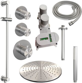 Brauer Regendoucheset Inbouw Brauer Brushed Carving Thermostatisch 30cm met Plafondarm, Glijstang en Handdouche Staaf Losse Stopkranen Geborsteld RVS