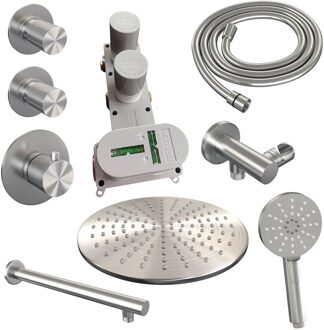 Brauer Regendoucheset Inbouw Brauer Brushed Carving Thermostatisch 30cm met Wandarm en Handdouche 3-Standen Losse Stopkranen Geborsteld RVS