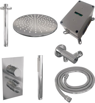 Brauer Regendoucheset Inbouw Brauer Chrome Carving Thermostatisch 30cm met 3-Weg Omstelling, Plafondarm en Staaf Handdouche Chroom