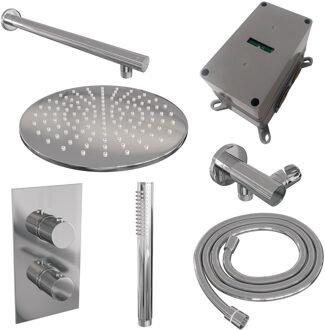 Brauer Regendoucheset Inbouw Brauer Chrome Carving Thermostatisch 30cm met 3-Weg Omstelling, Wandarm en Staaf Handdouche Chroom