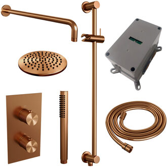 Brauer Regendoucheset Inbouw Brauer Copper Carving Thermostatisch 20 cm met 3-Weg Omstelling, Gebogen Wandarm, Glijstang en Staaf Handdouche Geborsteld Koper