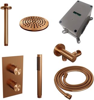 Brauer Regendoucheset Inbouw Brauer Copper Carving Thermostatisch 20 cm met 3-Weg Omstelling, Plafondarm en Staaf Handdouche Geborsteld Koper Brauer