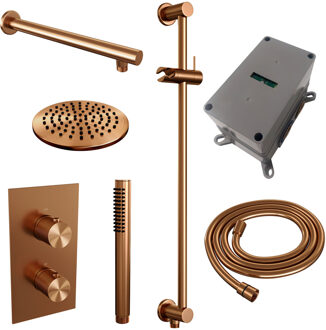Brauer Regendoucheset Inbouw Brauer Copper Carving Thermostatisch 20cm met 3-Weg Omstelling, Wandarm, Glijstang en Staaf Handdouche Geborsteld Koper