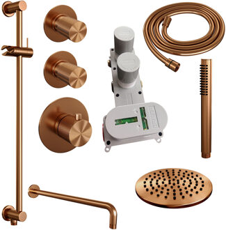 Brauer Regendoucheset Inbouw Brauer Copper Carving Thermostatisch 20cm met Gebogen Wandarm, Glijstang en Handdouche Staaf Losse Stopkranen Geborsteld Koper