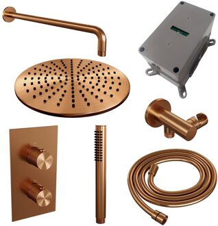 Brauer Regendoucheset Inbouw Brauer Copper Carving Thermostatisch 30cm met 3-Weg Omstelling, Gebogen Wandarm en Staaf Handdouche Geborsteld Koper