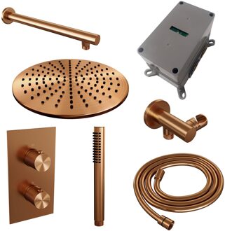 Brauer Regendoucheset Inbouw Brauer Copper Carving Thermostatisch 30cm met 3-Weg Omstelling, Wandarm en Staaf Handdouche Geborsteld Koper