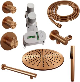 Brauer Regendoucheset Inbouw Brauer Copper Carving Thermostatisch 30cm met Wandarm en Handdouche Staaf Losse Stopkranen Geborsteld Koper