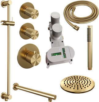 Brauer Regendoucheset Inbouw Brauer Gold Carving Thermostatisch 20 cm met Wandarm, Glijstang en Handdouche Staaf Losse Stopkranen Geborsteld Goud Brauer