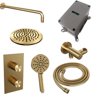 Brauer Regendoucheset Inbouw Brauer Gold Carving Thermostatisch 20cm met 3-Weg Omstelling, Gebogen Wandarm en 3-Standen Handdouche Geborsteld Goud