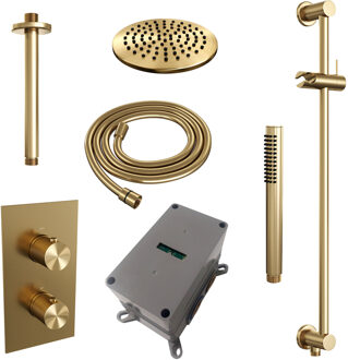 Brauer Regendoucheset Inbouw Brauer Gold Carving Thermostatisch 20cm met 3-Weg Omstelling, Plafondarm, Glijstang en Staaf Handdouche Geborsteld Goud
