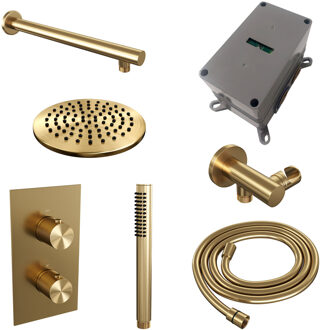 Brauer Regendoucheset Inbouw Brauer Gold Carving Thermostatisch 20cm met 3-Weg Omstelling, Wandarm en Staaf Handdouche Geborsteld Goud