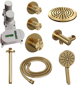 Brauer Regendoucheset Inbouw Brauer Gold Carving Thermostatisch 20cm met Plafondarm en Handdouche 3-Standen Losse Stopkranen Geborsteld Goud