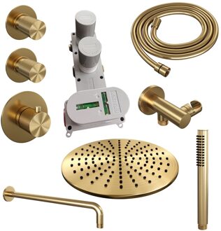 Brauer Regendoucheset Inbouw Brauer Gold Carving Thermostatisch 30 cm met Gebogen Wandarm en Handdouche Staaf Losse Stopkranen Geborsteld Goud Brauer