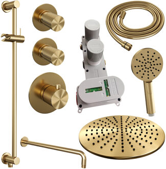 Brauer Regendoucheset Inbouw Brauer Gold Carving Thermostatisch 30 cm met Gebogen Wandarm, Glijstang en Handdouche 3-Standen Geborsteld Goud Brauer