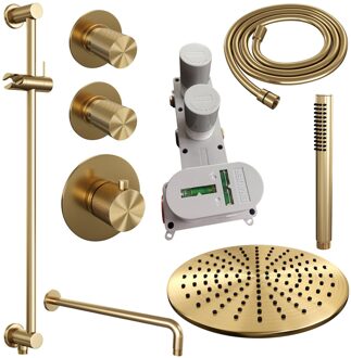 Brauer Regendoucheset Inbouw Brauer Gold Carving Thermostatisch 30 cm met Gebogen Wandarm, Glijstang en Handdouche Staaf Losse Stopkranen Geborsteld Goud