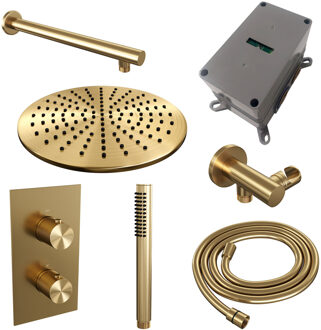 Brauer Regendoucheset Inbouw Brauer Gold Carving Thermostatisch 30cm met 3-Weg Omstelling, Wandarm en Staaf Handdouche Geborsteld Goud