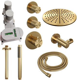 Brauer Regendoucheset Inbouw Brauer Gold Carving Thermostatisch 30cm met Plafondarm en Handdouche Staaf Losse Stopkranen Geborsteld Goud