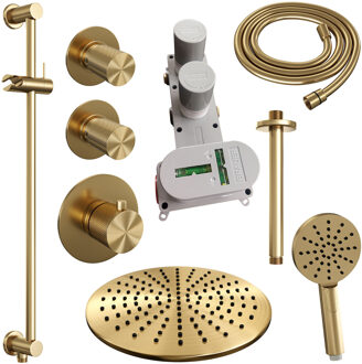 Brauer Regendoucheset Inbouw Brauer Gold Carving Thermostatisch 30cm met Plafondarm, Glijstang en Handdouche 3-Standen Geborsteld Goud