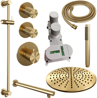 Brauer Regendoucheset Inbouw Brauer Gold Carving Thermostatisch 30cm met Wandarm, Glijstang en Handdouche Staaf Losse Stopkranen Geborsteld Goud