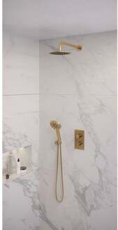 Brauer Regendoucheset Inbouw Brauer Gold Edition Thermostatisch 20cm met 3-Weg Omstelling, Gebogen Wandarm en 3-Standen Handdouche Geborsteld Goud