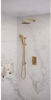 Brauer Regendoucheset Inbouw Brauer Gold Edition Thermostatisch 20cm met 3-Weg Omstelling, Gebogen Wandarm, Glijstang en Handdouche 3-Standen Geborsteld Goud
