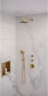 Brauer Regendoucheset Inbouw Brauer Gold Edition Thermostatisch 20cm met Gebogen Wandarm en Handdouche 3-Standen Losse Stopkranen Geborsteld Goud