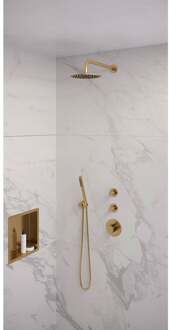 Brauer Regendoucheset Inbouw Brauer Gold Edition Thermostatisch 20cm met Gebogen Wandarm en Handdouche Staaf Losse Stopkranen Geborsteld Goud