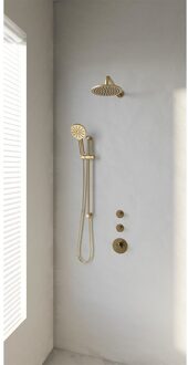 Brauer Regendoucheset Inbouw Brauer Gold Edition Thermostatisch 20cm met Gebogen Wandarm, Glijstang en Handdouche 3-Standen Losse Stopkranen Geborsteld Goud