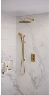 Brauer Regendoucheset Inbouw Brauer Gold Edition Thermostatisch 30cm met 3-Weg Omstelling, Gebogen Wandarm, Glijstang en 3-Standen Handdouche Geborsteld Goud