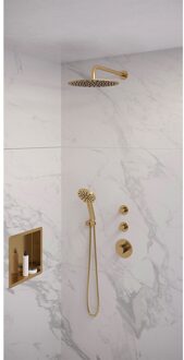 Brauer Regendoucheset Inbouw Brauer Gold Edition Thermostatisch 30cm met Gebogen Wandarm en Handdouche 3-Standen Losse Stopkranen Geborsteld Goud