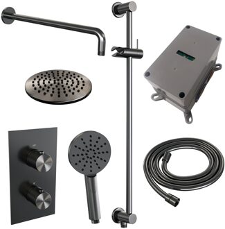 Brauer Regendoucheset Inbouw Brauer Gunmetal Carving Thermostatisch 20 cm met 3-Weg Omstelling, Gebogen Wandarm, Glijstang en Handdouche 3-Standen Geborsteld