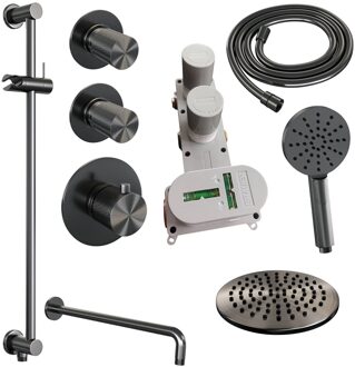 Brauer Regendoucheset Inbouw Brauer Gunmetal Carving Thermostatisch 20 cm met Gebogen Wandarm, Glijstang en Handdouche 3-Standen Losse Stopkranen Geborsteld