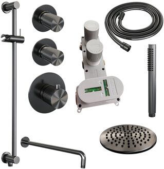 Brauer Regendoucheset Inbouw Brauer Gunmetal Carving Thermostatisch 20cm Gebogen Wandarm Glijstang en Handdouche Staaf Losse Stopkranen Geborsteld Gunmetal