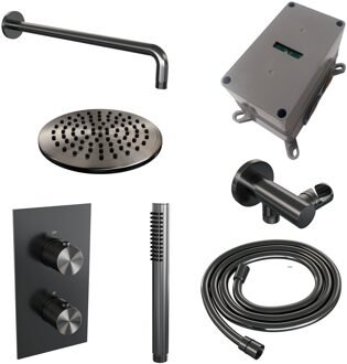 Brauer Regendoucheset Inbouw Brauer Gunmetal Carving Thermostatisch 20cm met 3-Weg Omstelling, Gebogen Wandarm en Staaf Handdouche Geborsteld Gunmetal