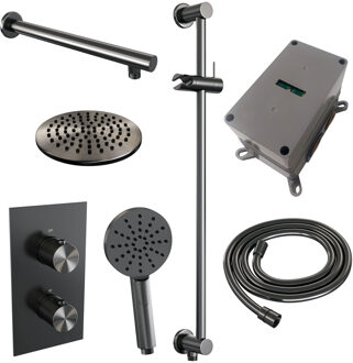 Brauer Regendoucheset Inbouw Brauer Gunmetal Carving Thermostatisch 20cm met 3-Weg Omstelling Wandarm Glijstang Handdouche 3-Standen Geborsteld Gunmetal