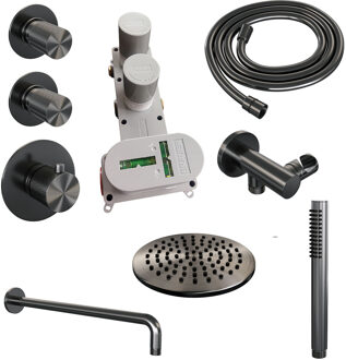Brauer Regendoucheset Inbouw Brauer Gunmetal Carving Thermostatisch 20cm met Gebogen Wandarm en Handdouche Staaf Losse Stopkranen Geborsteld Gunmetal