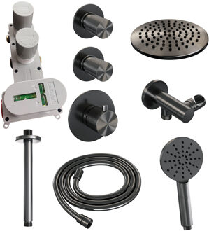 Brauer Regendoucheset Inbouw Brauer Gunmetal Carving Thermostatisch 20cm met Plafondarm en Handdouche 3-Standen Losse Stopkranen Geborsteld Gunmetal