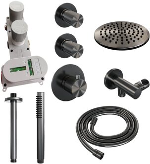 Brauer Regendoucheset Inbouw Brauer Gunmetal Carving Thermostatisch 20cm met Plafondarm en Handdouche Staaf Losse Stopkranen Geborsteld Gunmetal