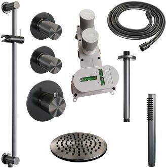 Brauer Regendoucheset Inbouw Brauer Gunmetal Carving Thermostatisch 20cm met Plafondarm, Glijstang en Handdouche Staaf Losse Stopkranen Geborsteld Gunmetal