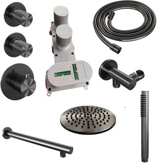 Brauer Regendoucheset Inbouw Brauer Gunmetal Carving Thermostatisch 20cm met Wandarm en Handdouche Staaf Losse Stopkranen Geborsteld Gunmetal