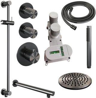 Brauer Regendoucheset Inbouw Brauer Gunmetal Carving Thermostatisch 20cm met Wandarm, Glijstang en Handdouche Staaf Losse Stopkranen Geborsteld Gunmetal