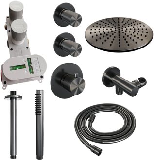 Brauer Regendoucheset Inbouw Brauer Gunmetal Carving Thermostatisch 30 cm met Plafondarm en Handdouche Staaf Losse Stopkranen Geborsteld Gunmetal Brauer