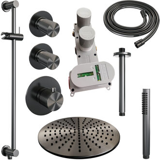 Brauer Regendoucheset Inbouw Brauer Gunmetal Carving Thermostatisch 30 cm met Plafondarm, Glijstang en Handdouche Staaf Losse Stopkranen Geborsteld Gunmetal