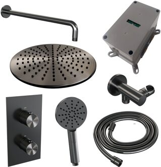 Brauer Regendoucheset Inbouw Brauer Gunmetal Carving Thermostatisch 30cm met 3-Weg Omstelling, Gebogen Wandarm en 3-Standen Handdouche Geborsteld Gunmetal